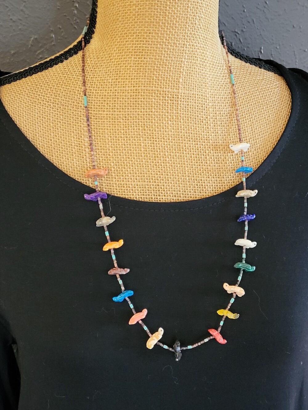 70s/80s Zuni Turtle Fetish Necklace Sterling Clasp 18 Carved Turtles 26" Length